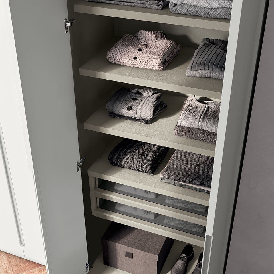 Columbia door with customizable groove in all matte colors of the collection. Internal drawer unit with smoked Transparent glass fronts and Leather grey melamine interior.