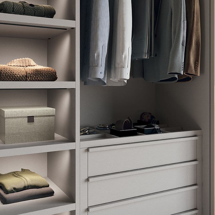 Halley sliding door, in Anthracite Grey matte lacquer and Eucalyptus melamine, enriched in aesthetics by the light inserted in the frame that creates a glow on the wood grain enhancing its materiality and elegance.