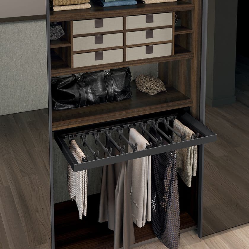 Ninfea sliding door in Eucalyptus melamine and Smoked Mirror. Backs and drawer fronts in Steel Gray melamine.