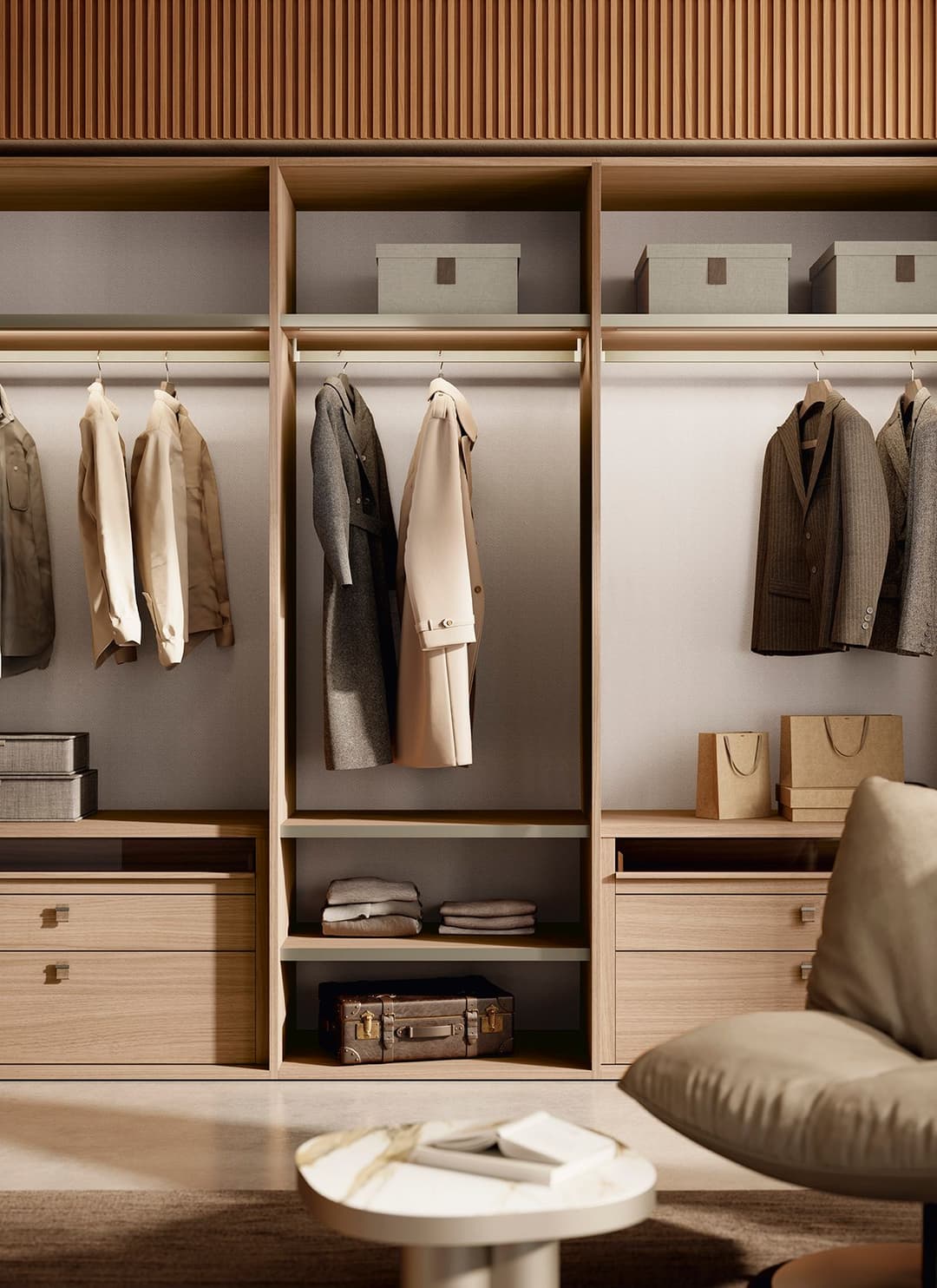 The Pannello walk-in closet wraps the space with continuity and discretion, adapting even to complex geometries